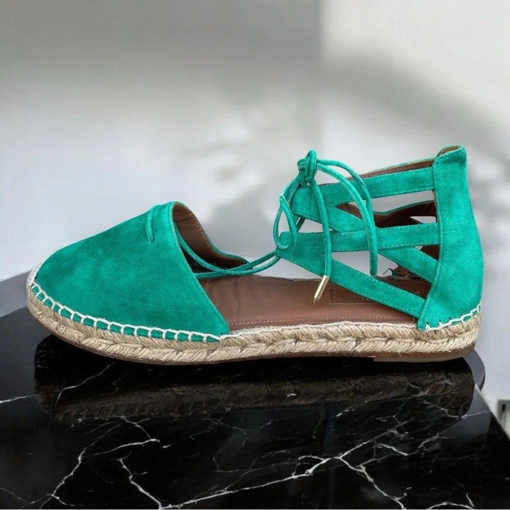 Aquazzura Firenze Green Suede Leather Belgravia Espadrilles Flats Sandals